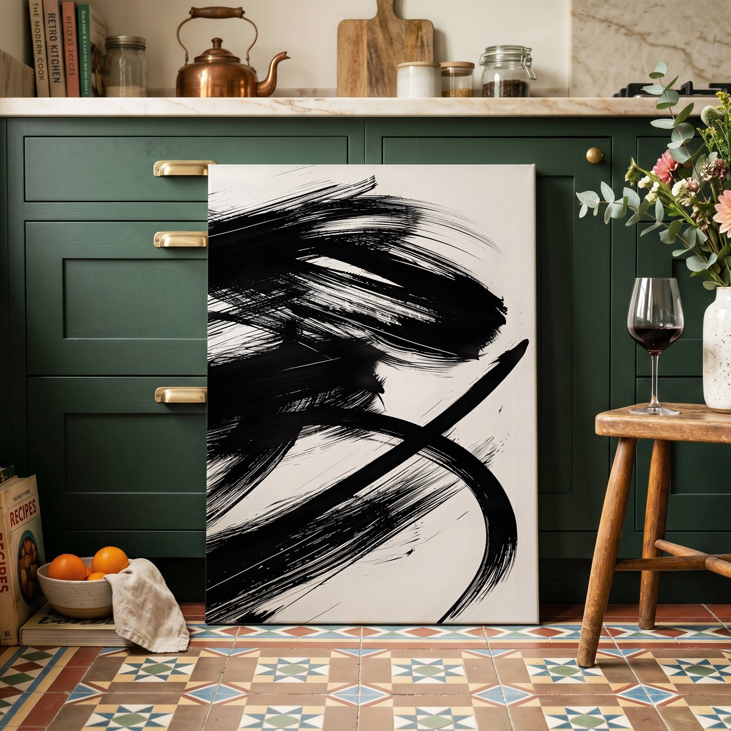 Monochrome Momentum, black, white abstract wall art on canvas displayed in a styled interior, gallery view 2