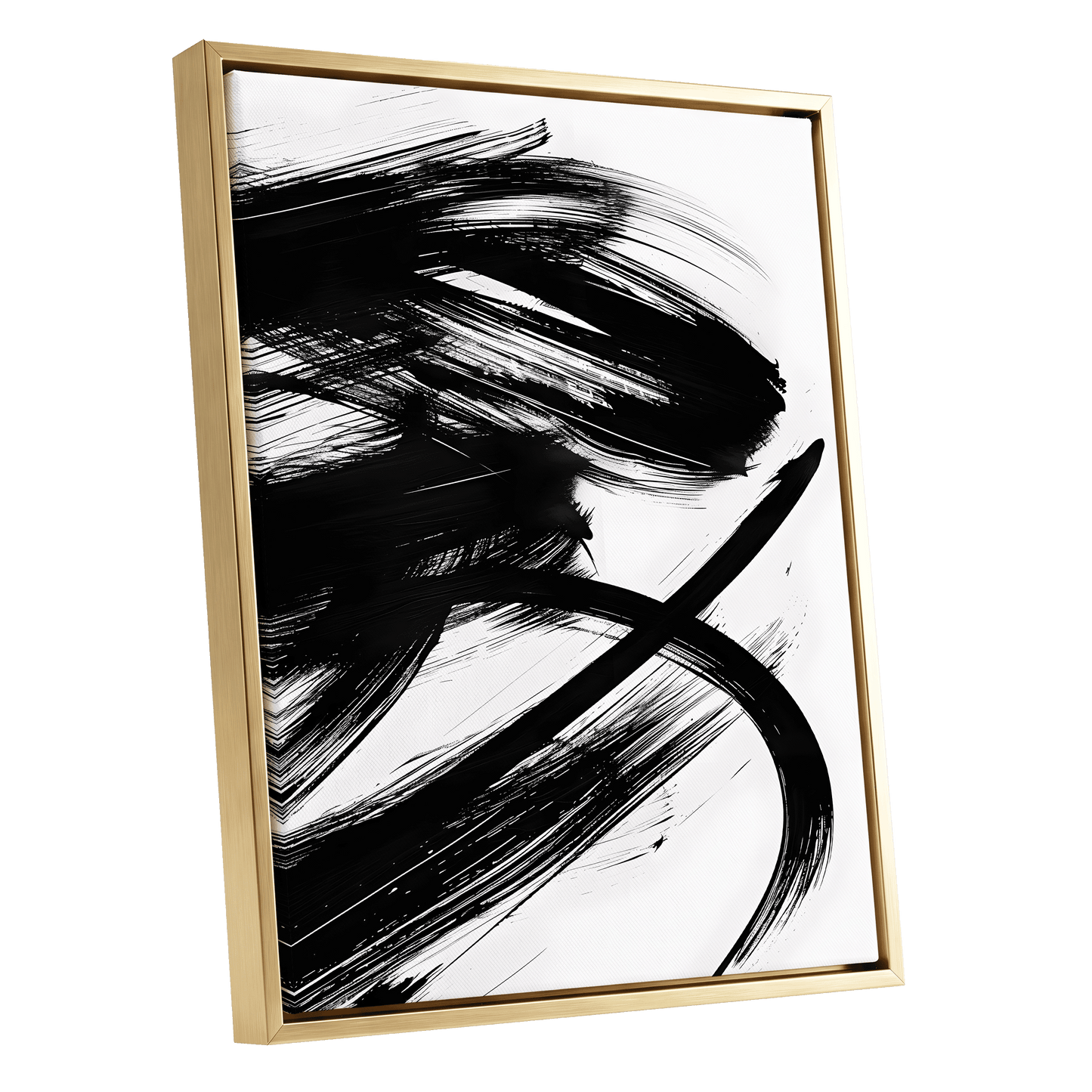 Monochrome Momentum, black, white abstract wall art shown as a gold framed canvas wall art