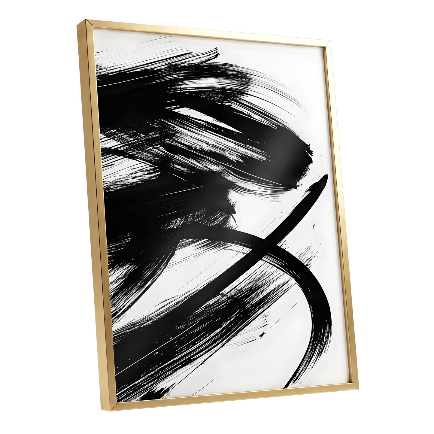 Monochrome Momentum, black, white abstract wall art shown as a gold framed poster wall art print