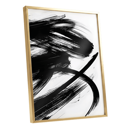 Monochrome Momentum, black, white abstract wall art shown as a gold framed poster wall art print
