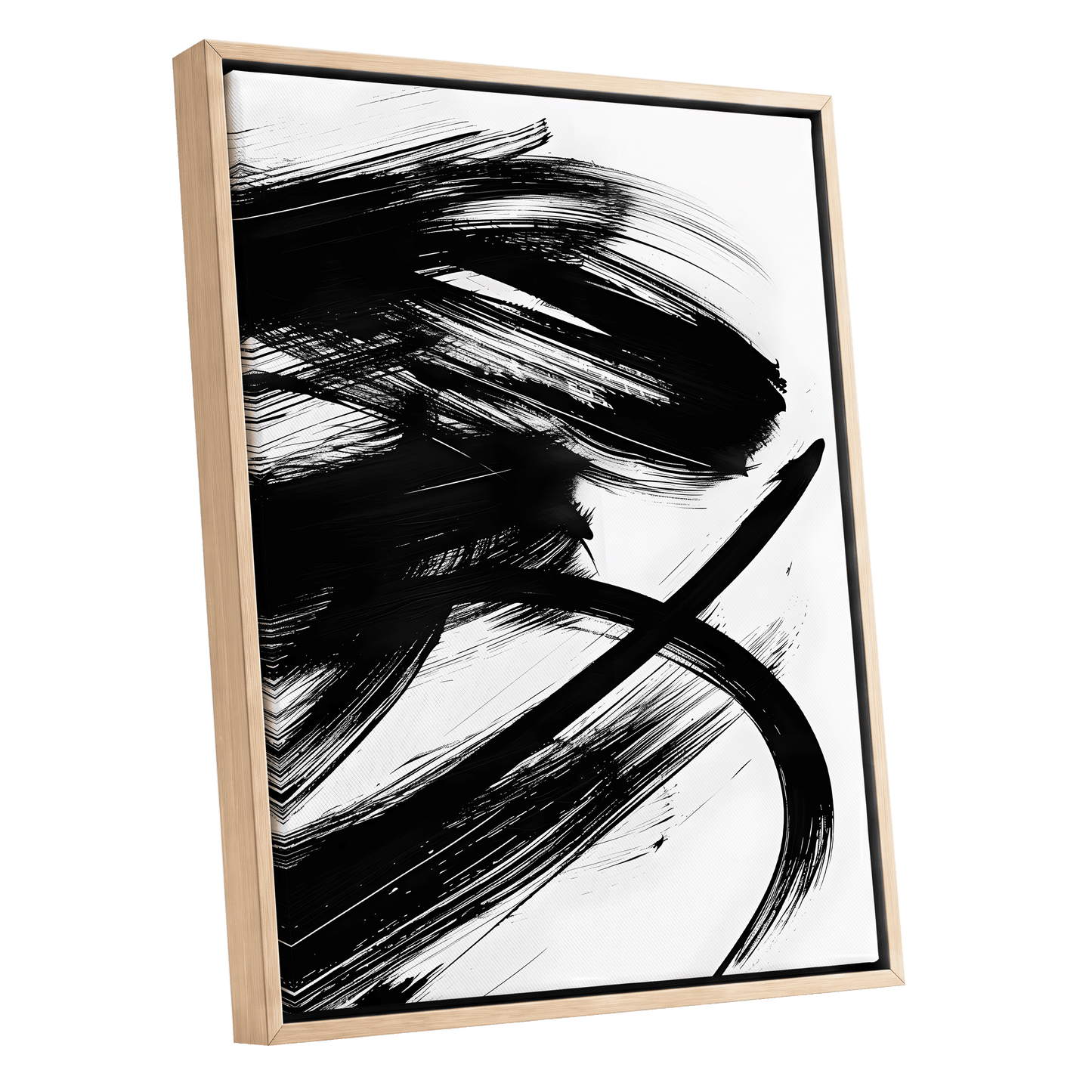 Monochrome Momentum, black, white abstract wall art shown as a oak framed canvas wall art