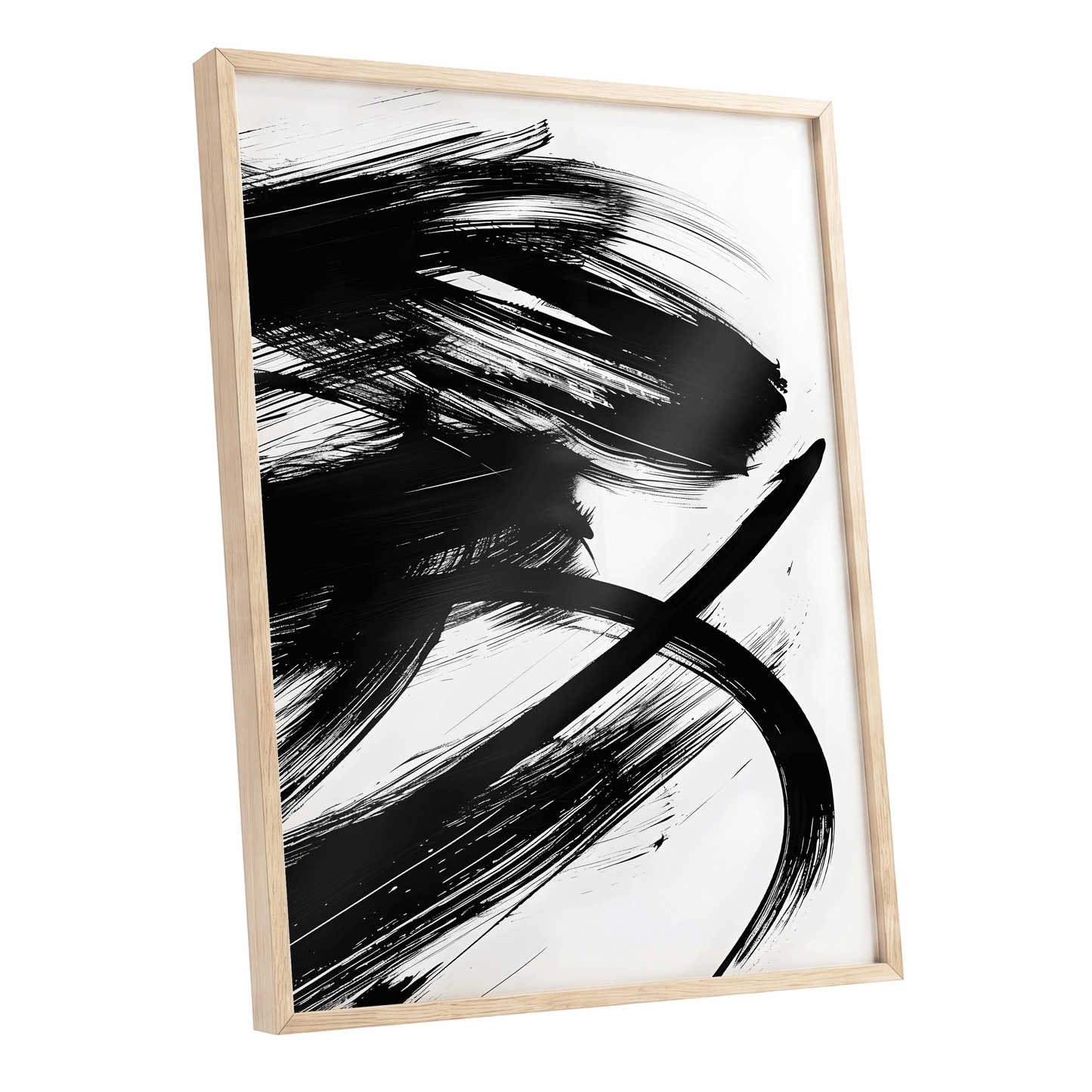 Monochrome Momentum, black, white abstract wall art shown as a oak framed poster wall art print