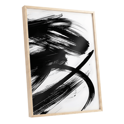 Monochrome Momentum, black, white abstract wall art shown as a oak framed poster wall art print