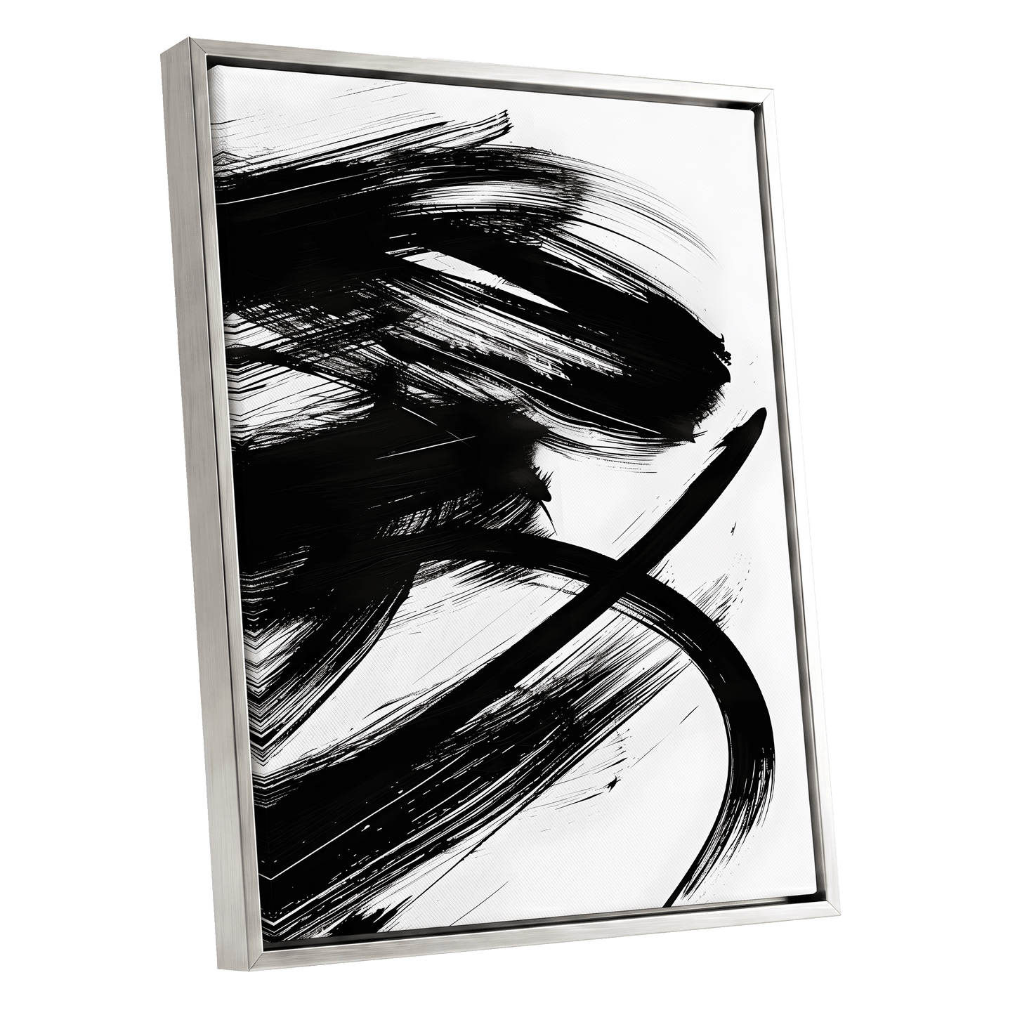 Monochrome Momentum, black, white abstract wall art shown as a silver framed canvas wall art
