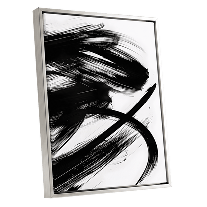 Monochrome Momentum, black, white abstract wall art shown as a silver framed canvas wall art