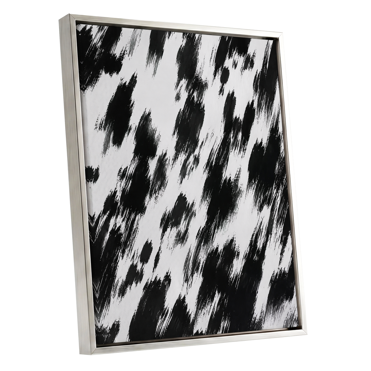 Monochrome Momentum, black, white, gray abstract wall art shown as a silver framed canvas wall art