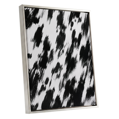 Monochrome Momentum, black, white, gray abstract wall art shown as a silver framed canvas wall art