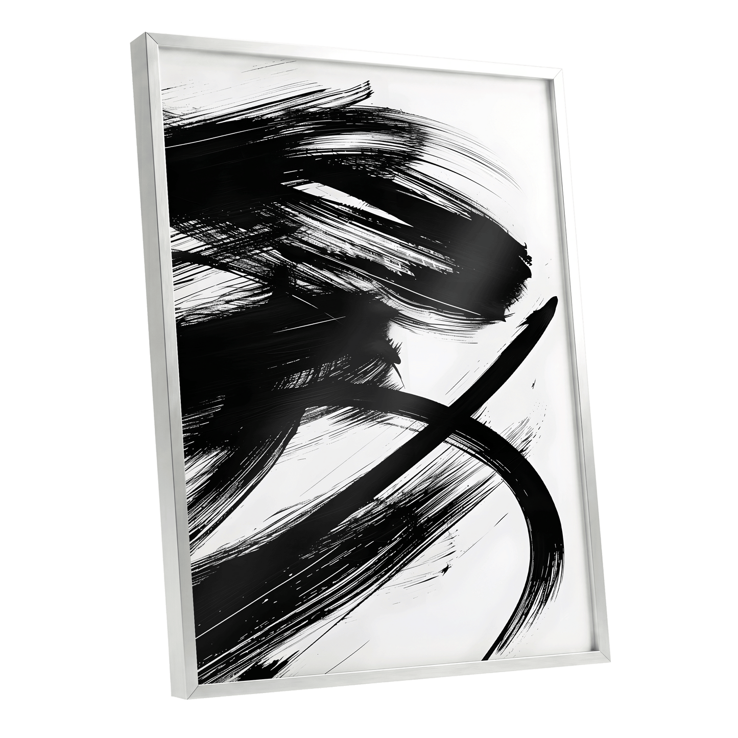 Monochrome Momentum, black, white abstract wall art shown as a silver framed poster wall art print