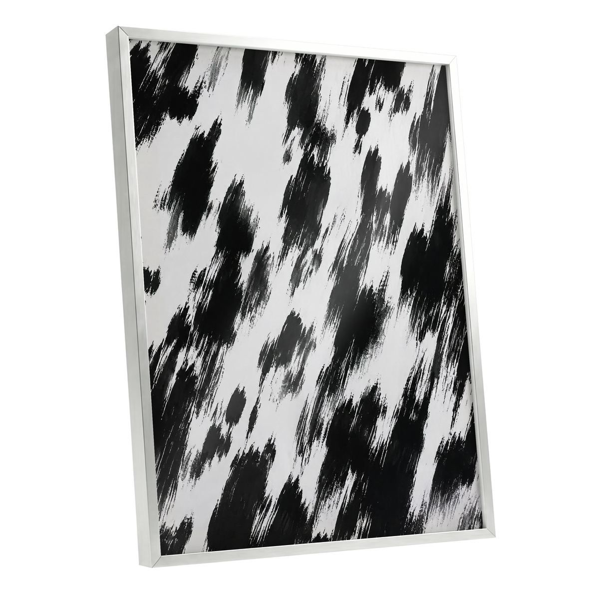 Monochrome Momentum, black, white, gray abstract wall art shown as a silver framed poster wall art print