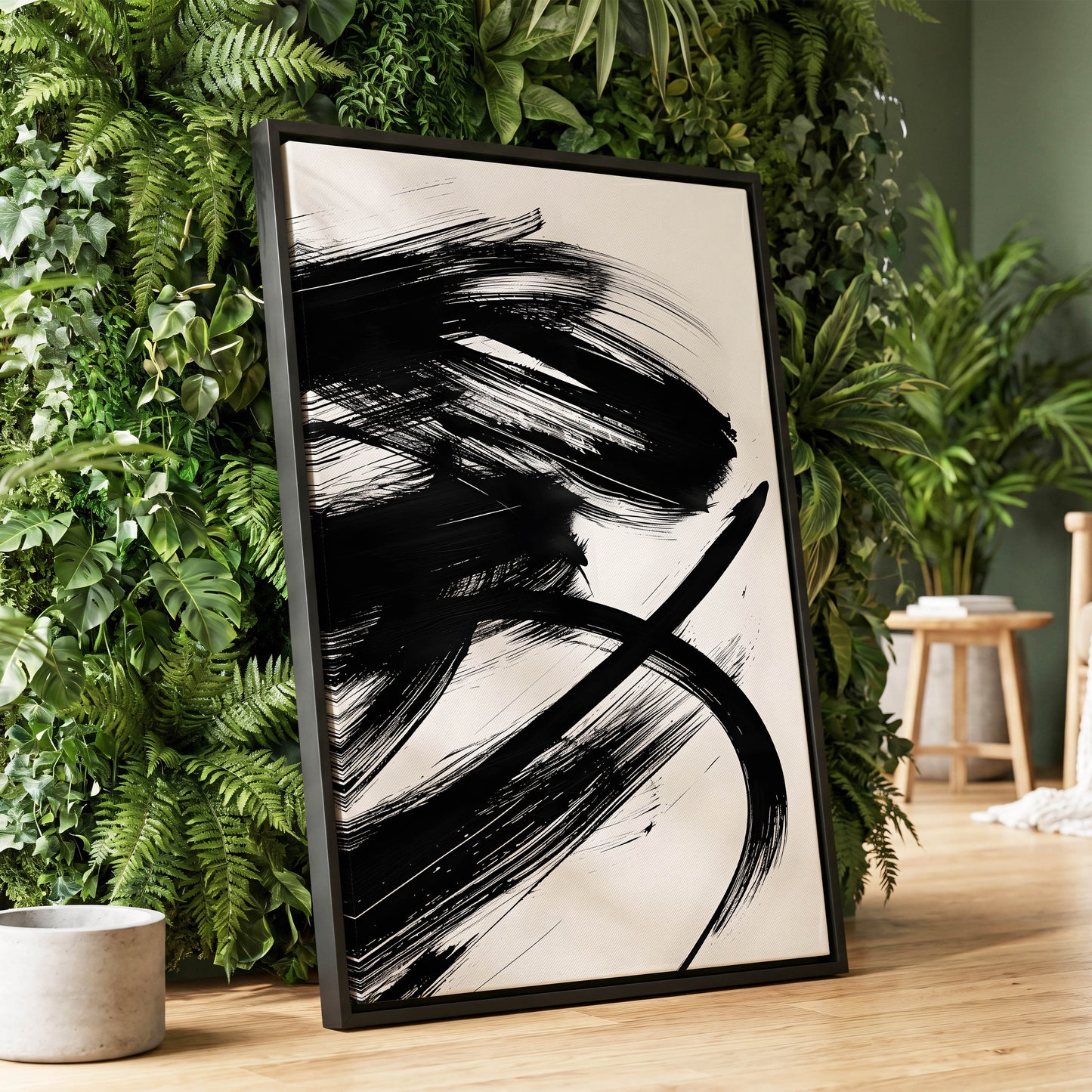 Monochrome Momentum, black, white abstract wall art displayed in a styled interior, gallery view 1