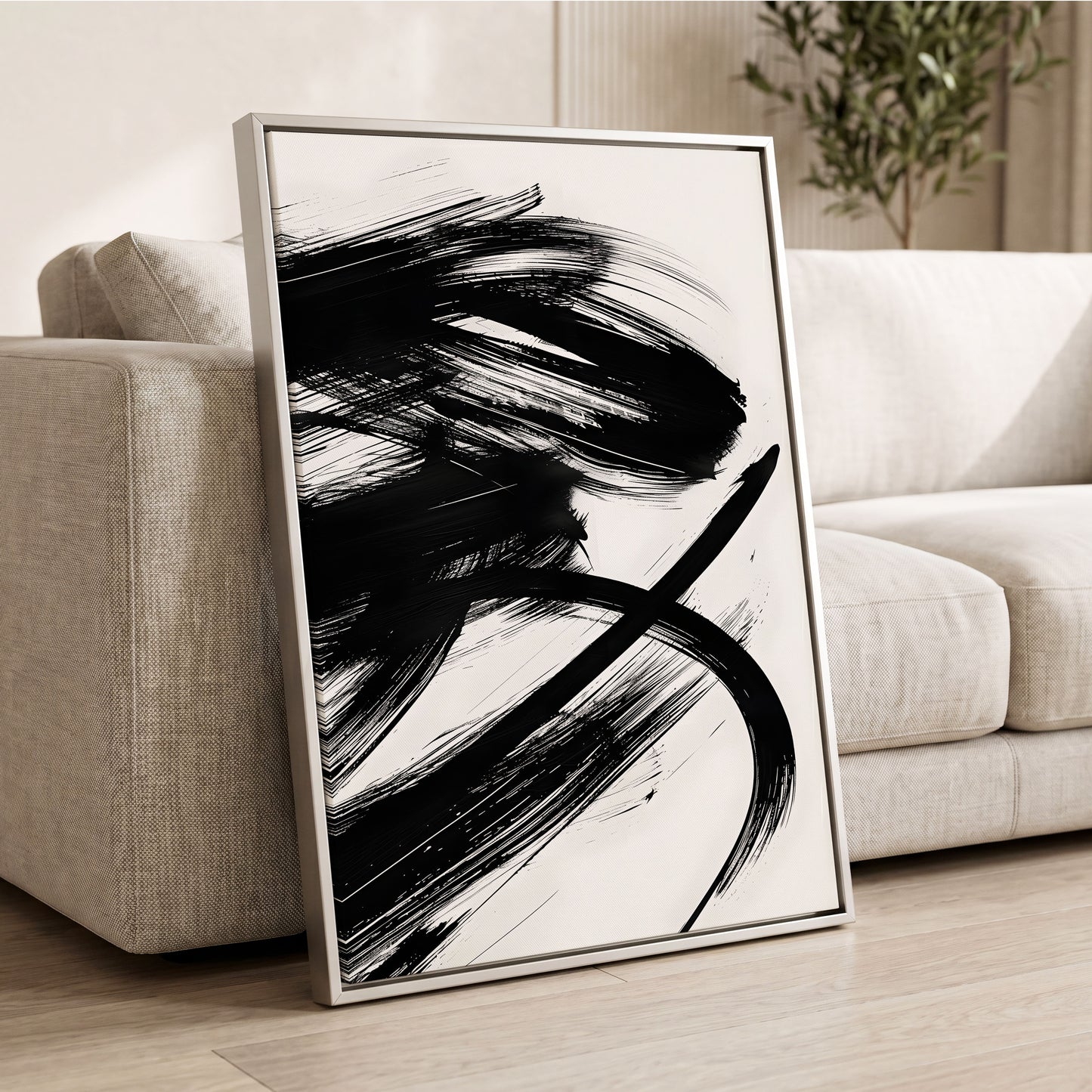 Monochrome Momentum, black, white abstract wall art displayed in a styled interior, gallery view 2