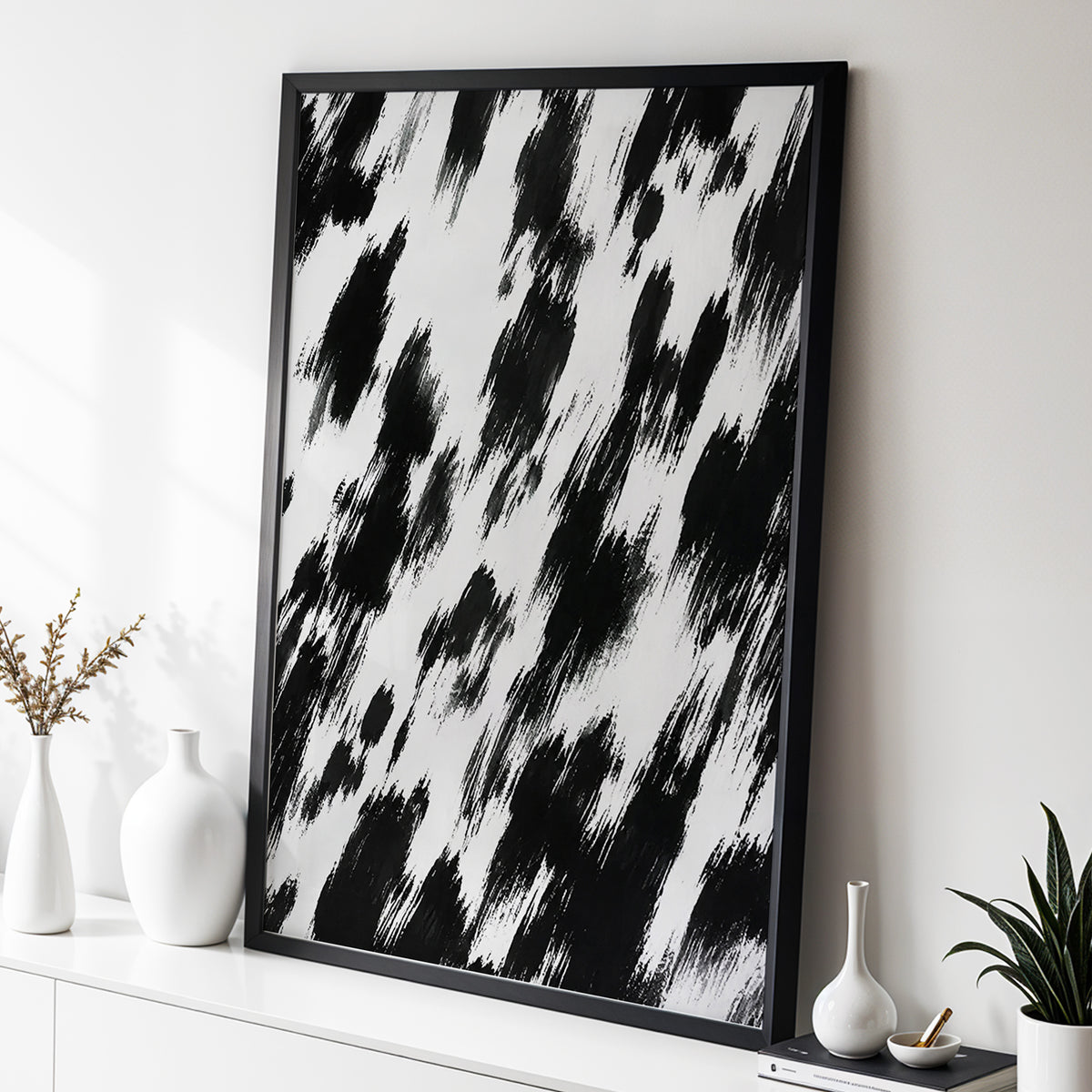 Monochrome Momentum, black, white, gray abstract wall art displayed in a styled interior, gallery view 2