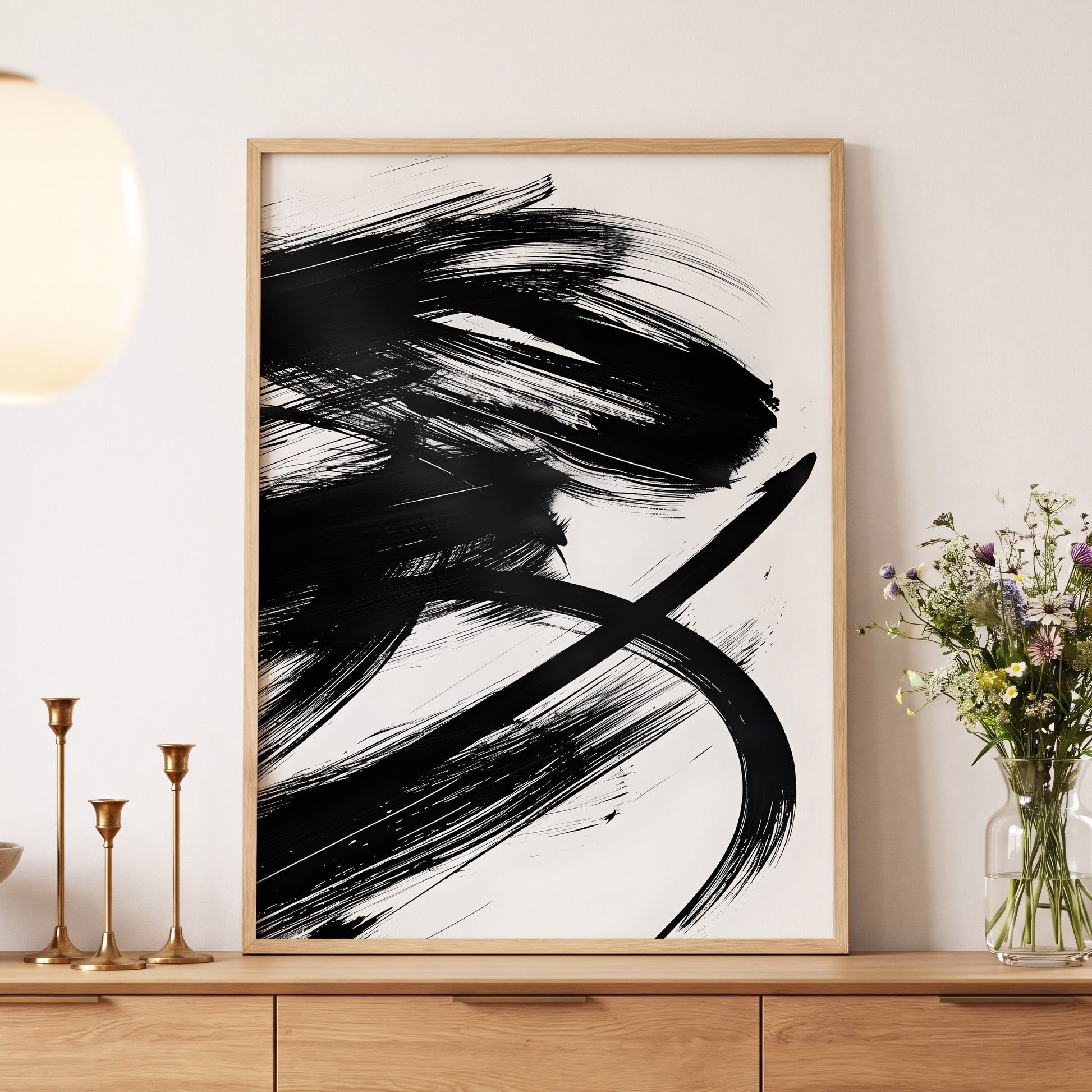 Monochrome Momentum, black, white abstract wall art displayed in a styled interior, gallery view 5