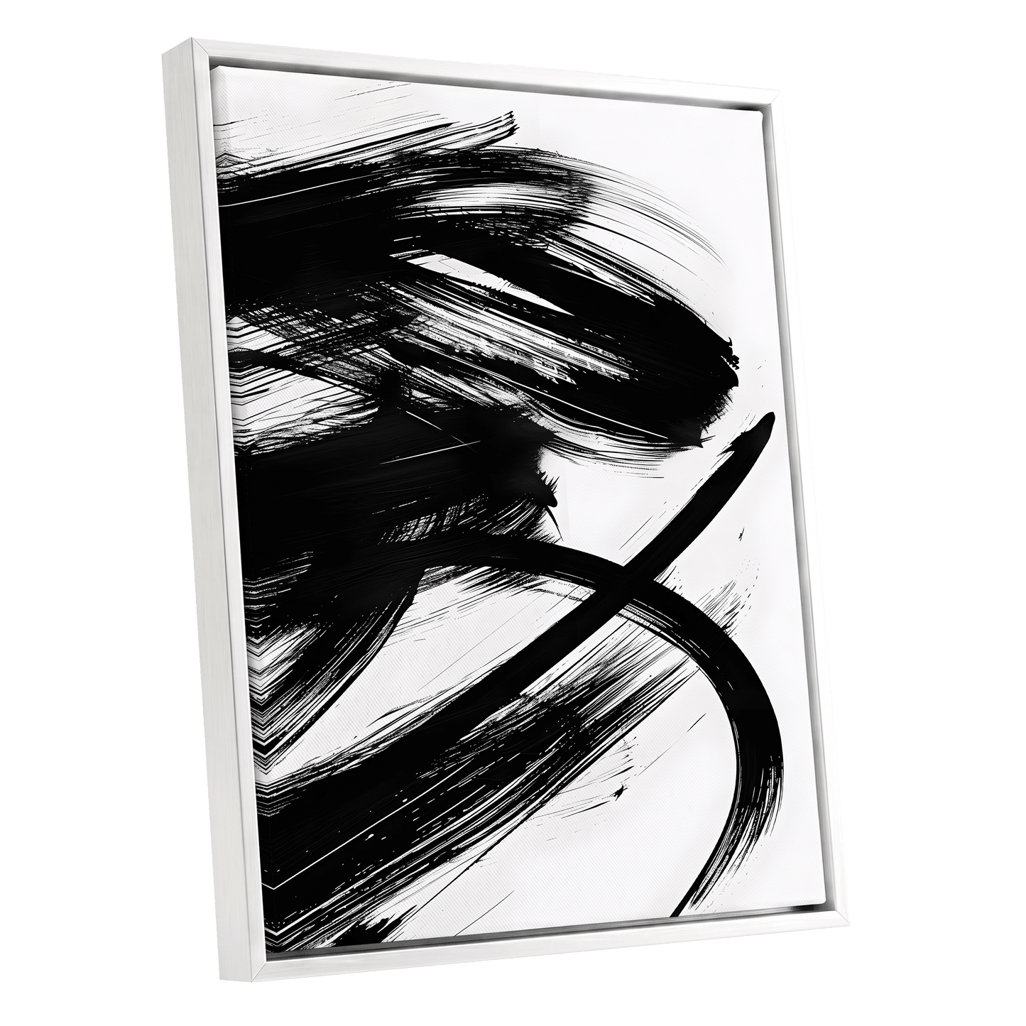 Monochrome Momentum, black, white abstract wall art shown as a white framed canvas wall art