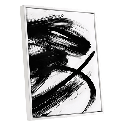 Monochrome Momentum, black, white abstract wall art shown as a white framed canvas wall art