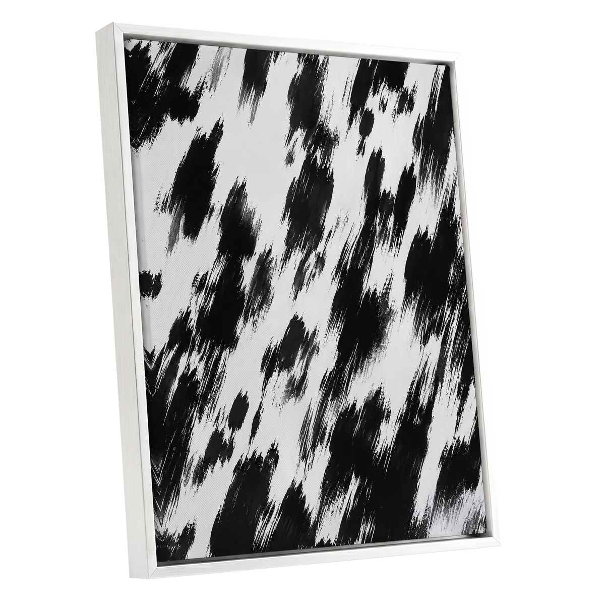 Monochrome Momentum, black, white, gray abstract wall art shown as a white framed canvas wall art