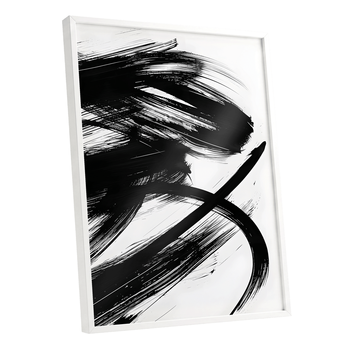 Monochrome Momentum, black, white abstract wall art shown as a white framed poster wall art print