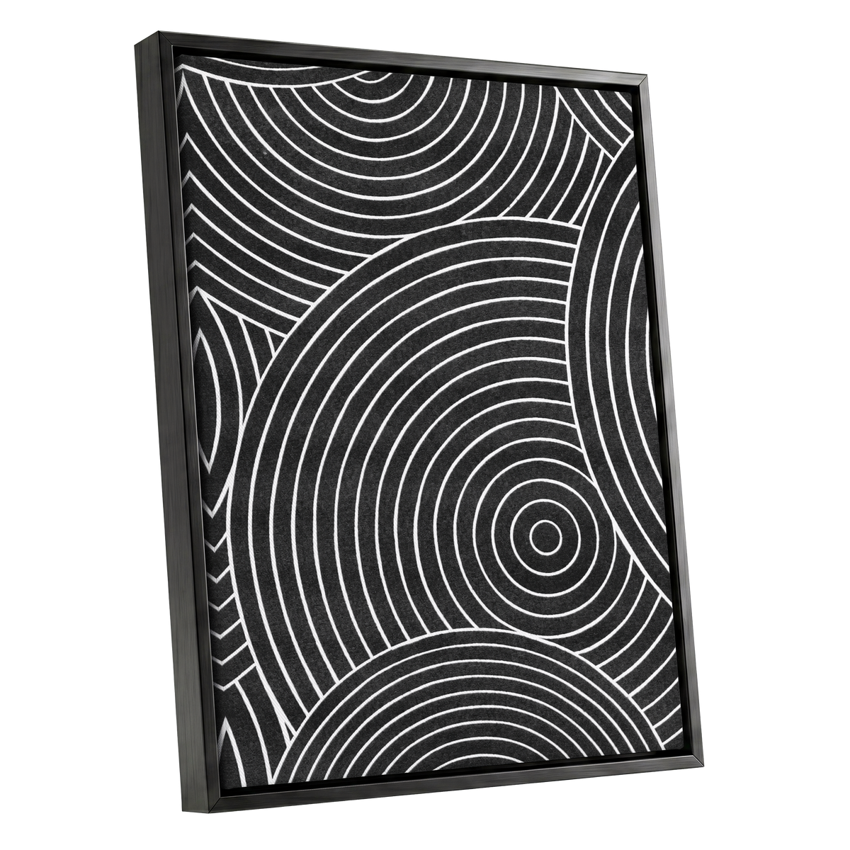 Monochrome Orbit, black, white, gray abstract wall art shown as a black framed canvas wall art