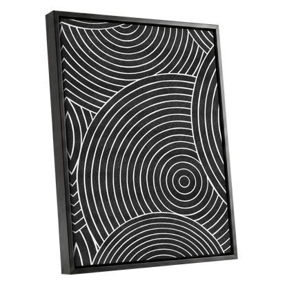Monochrome Orbit, black, white, gray abstract wall art shown as a black framed canvas wall art