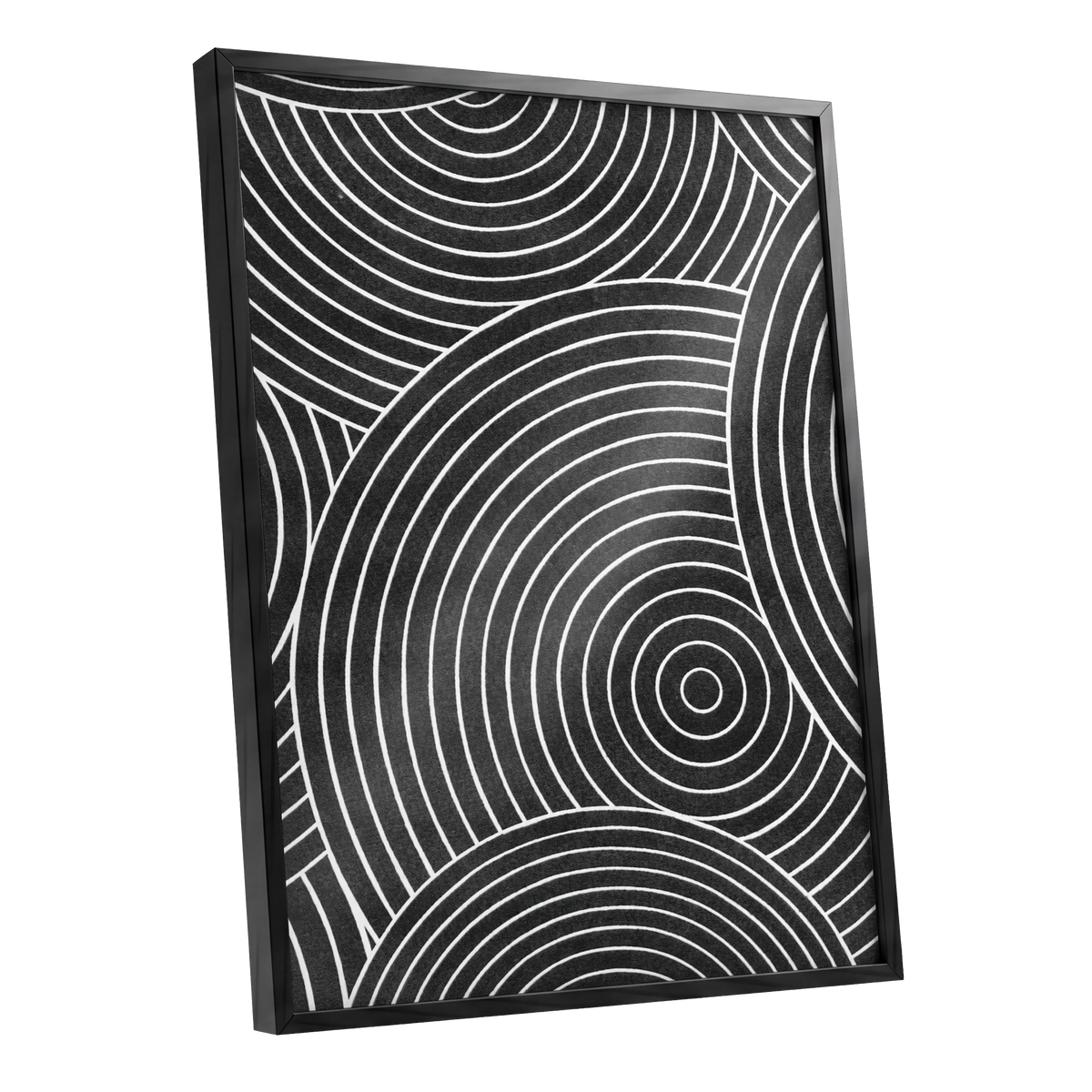 Monochrome Orbit, black, white, gray abstract wall art shown as a black framed poster wall art print