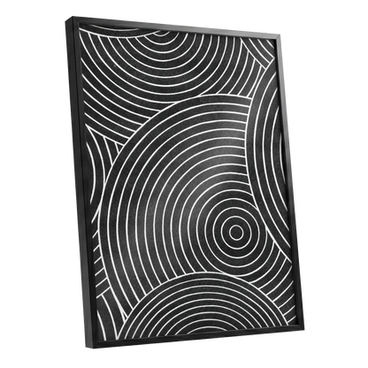 Monochrome Orbit, black, white, gray abstract wall art shown as a black framed poster wall art print