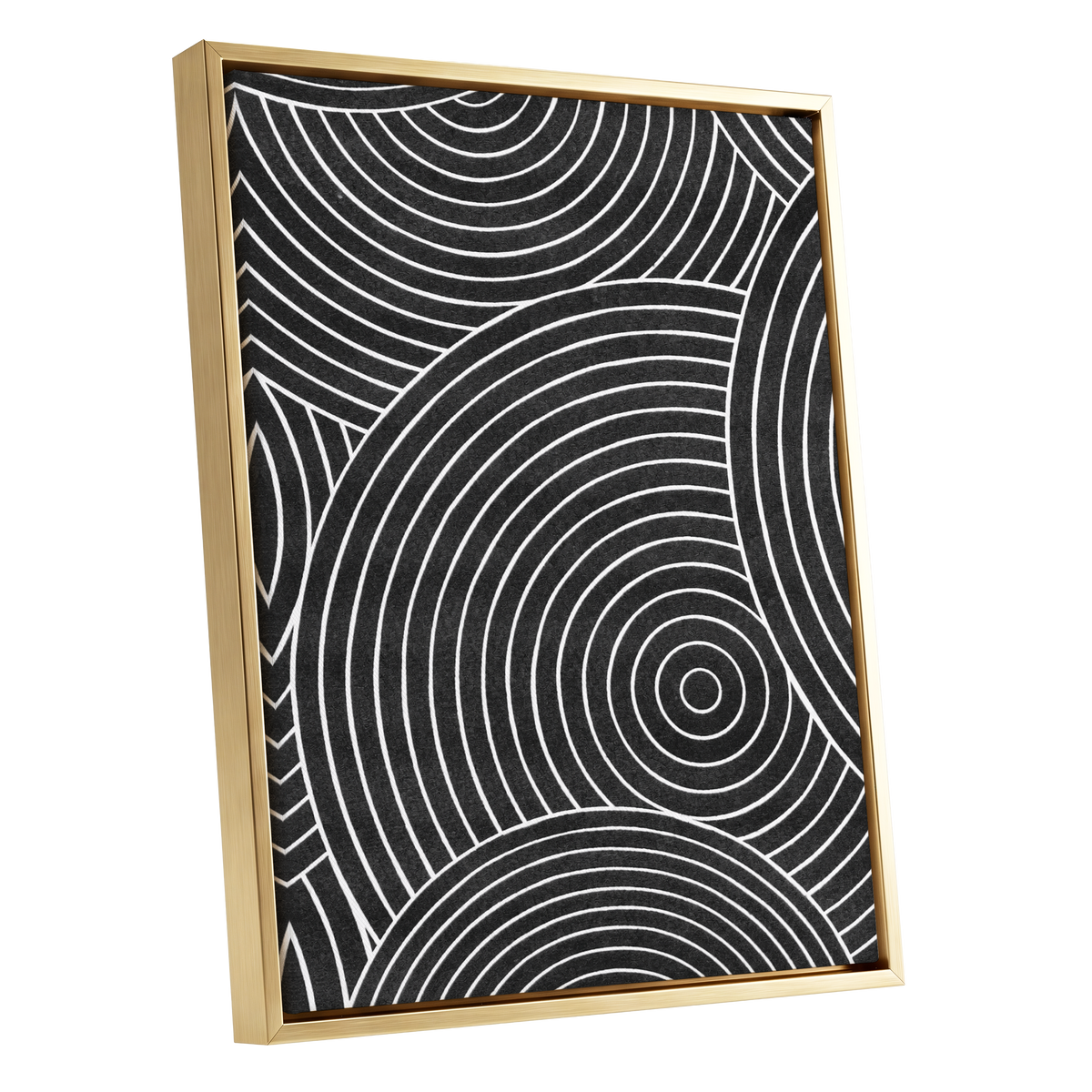 Monochrome Orbit, black, white, gray abstract wall art shown as a gold framed canvas wall art