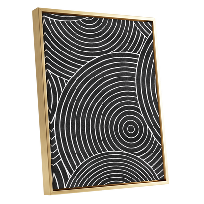 Monochrome Orbit, black, white, gray abstract wall art shown as a gold framed canvas wall art
