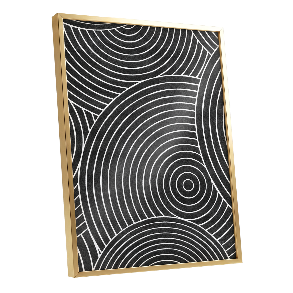 Monochrome Orbit, black, white, gray abstract wall art shown as a gold framed poster wall art print