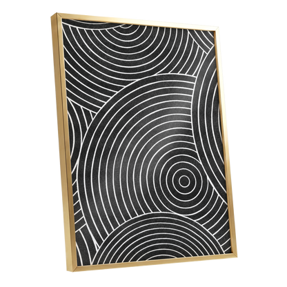Monochrome Orbit, black, white, gray abstract wall art shown as a gold framed poster wall art print