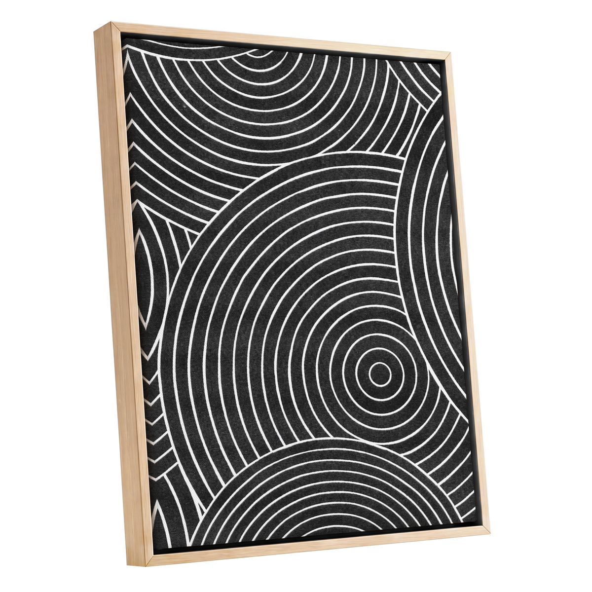 Monochrome Orbit, black, white, gray abstract wall art shown as a oak framed canvas wall art