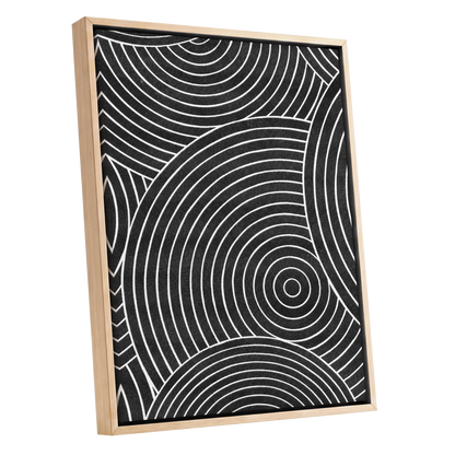 Monochrome Orbit, black, white, gray abstract wall art shown as a oak framed canvas wall art