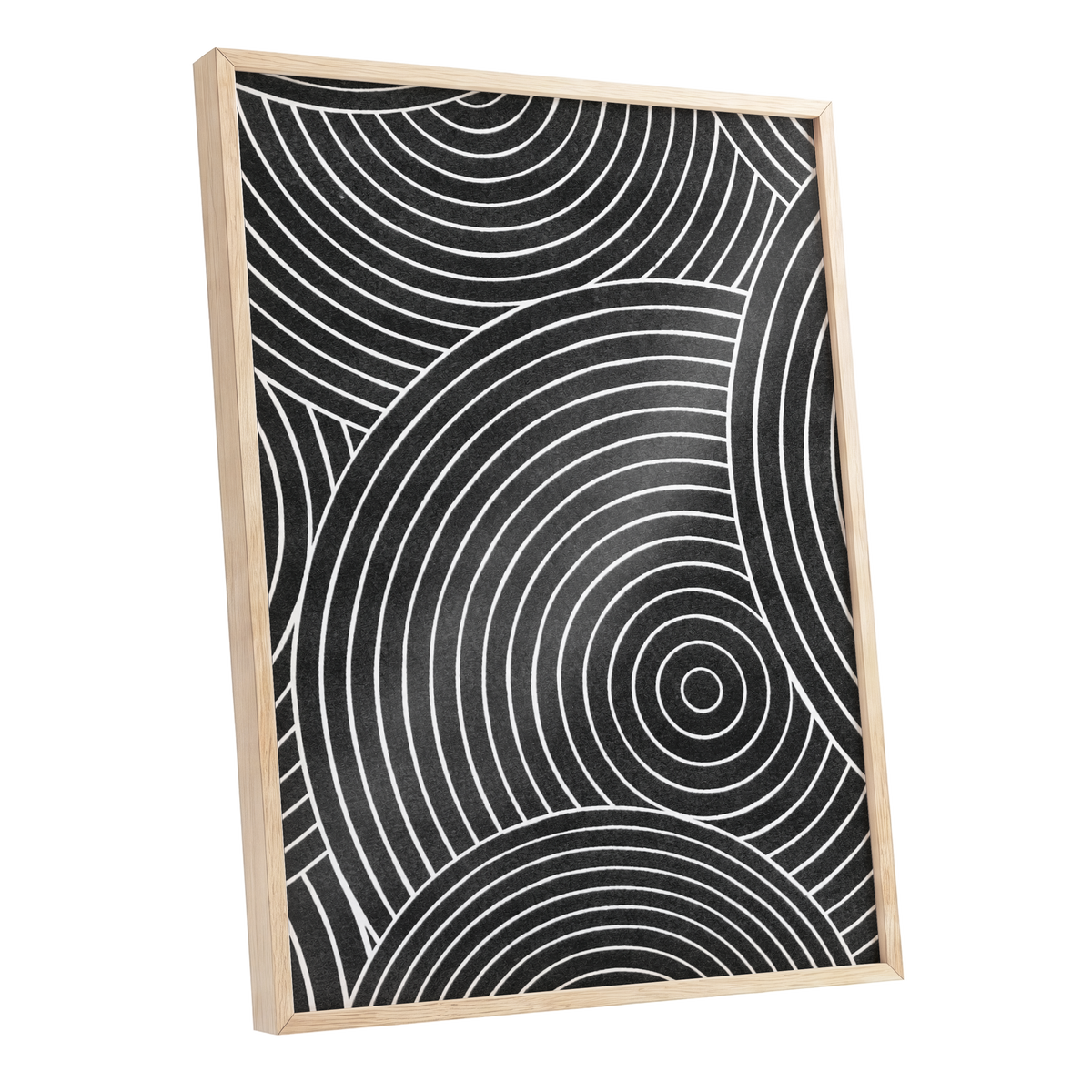 Monochrome Orbit, black, white, gray abstract wall art shown as a oak framed poster wall art print
