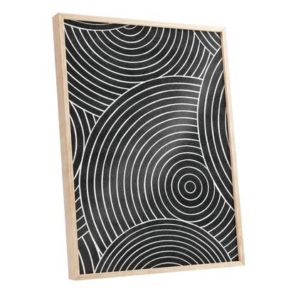 Monochrome Orbit, black, white, gray abstract wall art shown as a oak framed poster wall art print