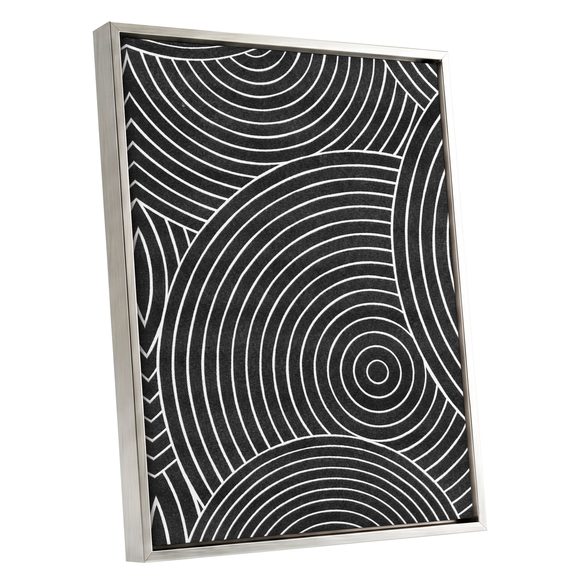 Monochrome Orbit, black, white, gray abstract wall art shown as a silver framed canvas wall art