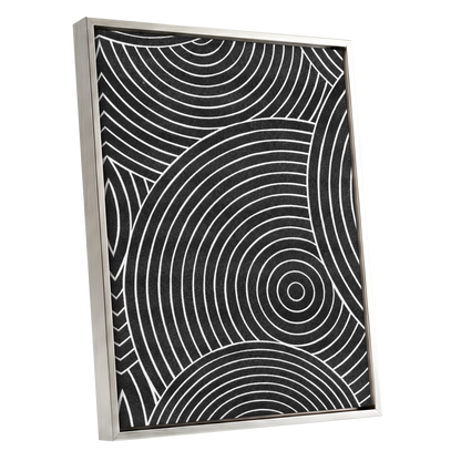Monochrome Orbit, black, white, gray abstract wall art shown as a silver framed canvas wall art