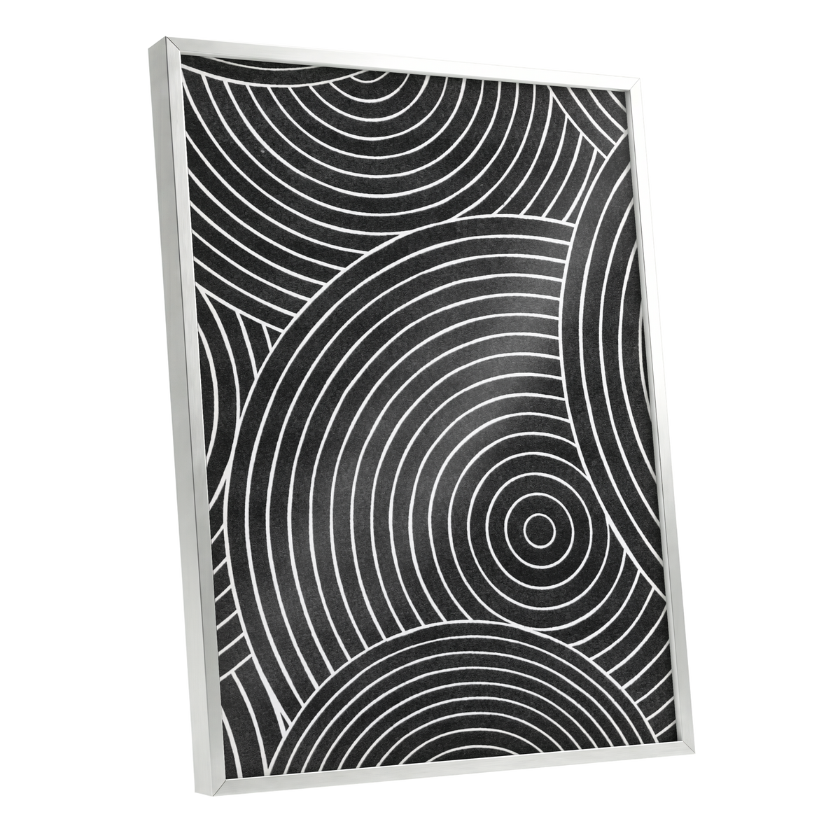 Monochrome Orbit, black, white, gray abstract wall art shown as a silver framed poster wall art print