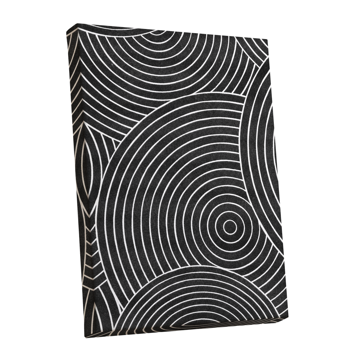 Monochrome Orbit, black, white, gray abstract wall art shown as a stretched canvas wall art
