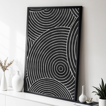 Monochrome Orbit, black, white, gray abstract wall art displayed in a styled interior, gallery view 2