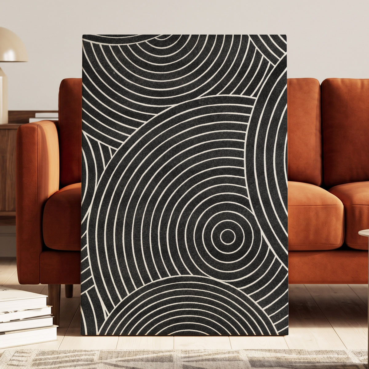 Monochrome Orbit, black, white, gray abstract wall art displayed in a styled interior, gallery view 3