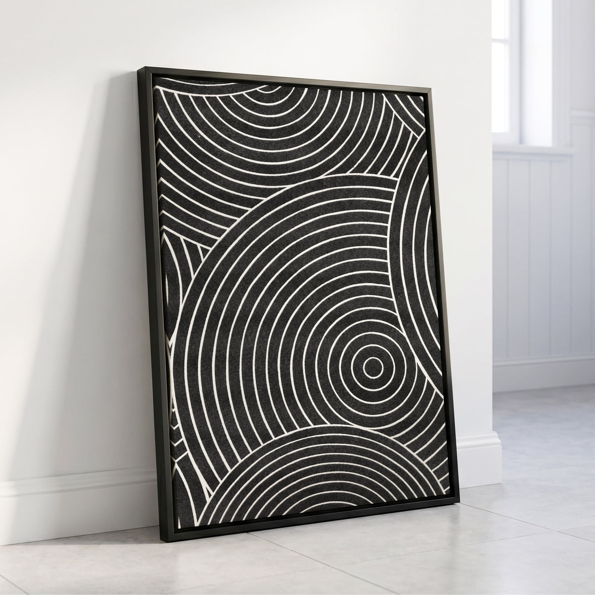 Monochrome Orbit, black, white, gray abstract wall art displayed in a styled interior, gallery view 4