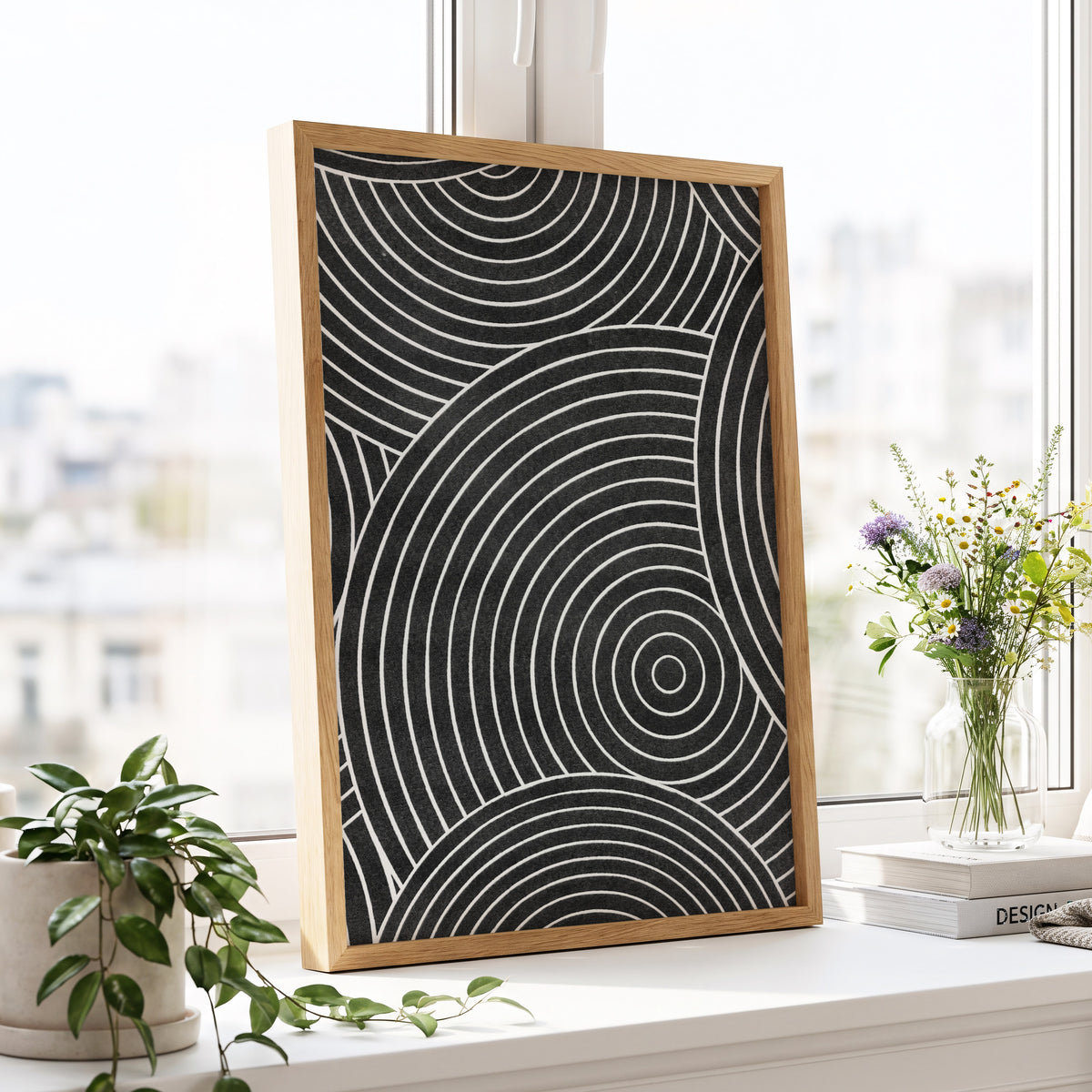 Monochrome Orbit, black, white, gray abstract wall art displayed in a styled interior, gallery view 6