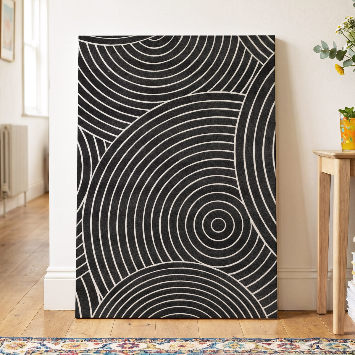 Monochrome Orbit, black, white, gray abstract wall art displayed in a styled interior, gallery view 7