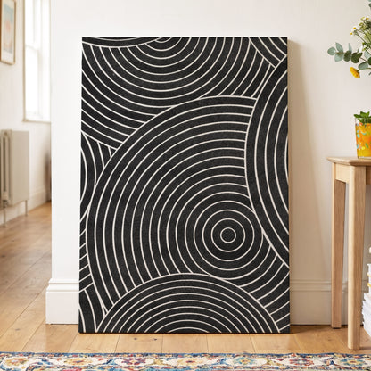 Monochrome Orbit, black, white, gray abstract wall art displayed in a styled interior, gallery view 7