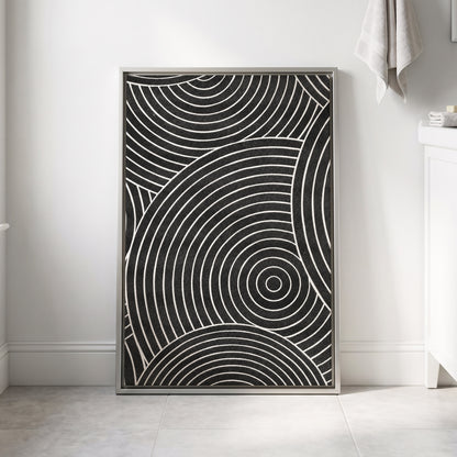 Monochrome Orbit, black, white, gray abstract wall art displayed in a styled interior, gallery view 8