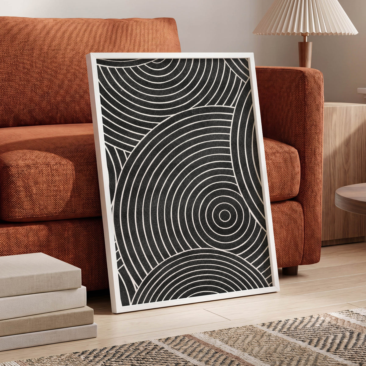 Monochrome Orbit, black, white, gray abstract wall art displayed in a styled interior, gallery view 9