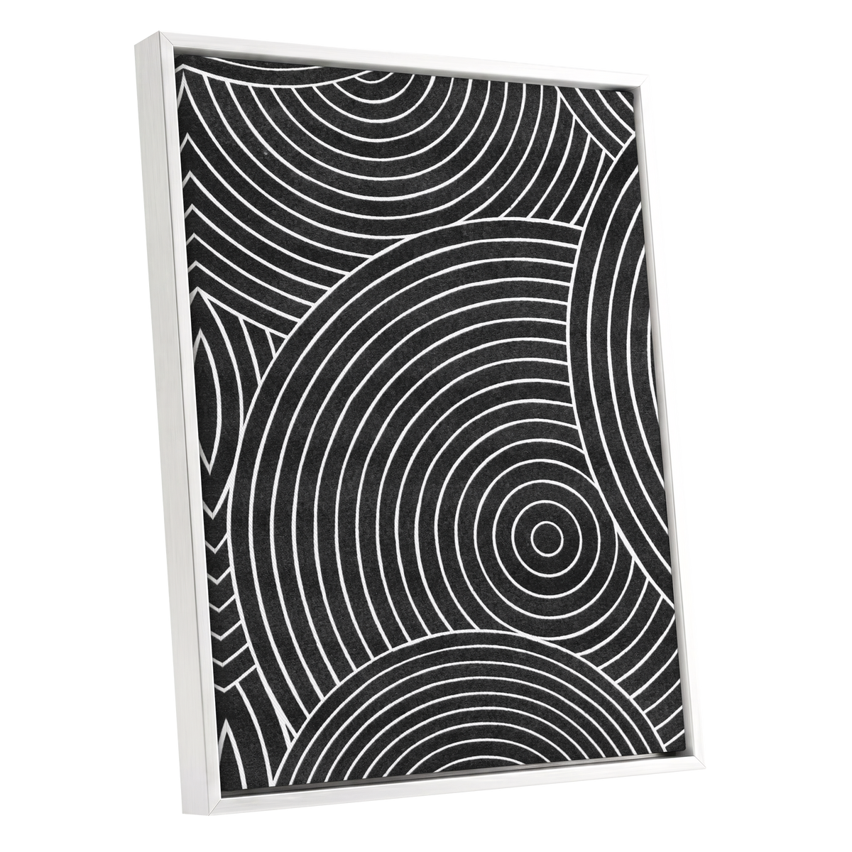 Monochrome Orbit, black, white, gray abstract wall art shown as a white framed canvas wall art