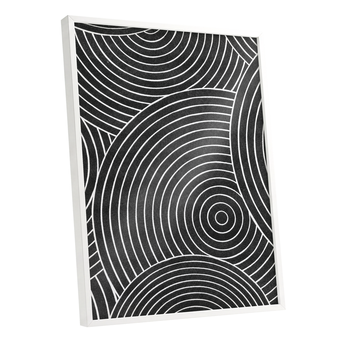 Monochrome Orbit, black, white, gray abstract wall art shown as a white framed poster wall art print