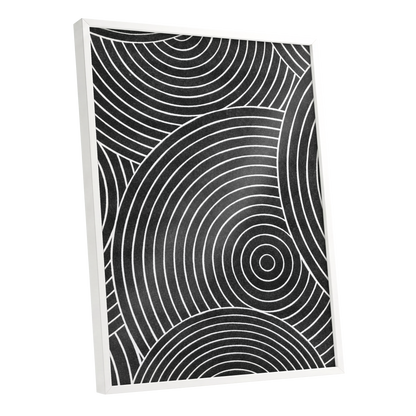 Monochrome Orbit, black, white, gray abstract wall art shown as a white framed poster wall art print