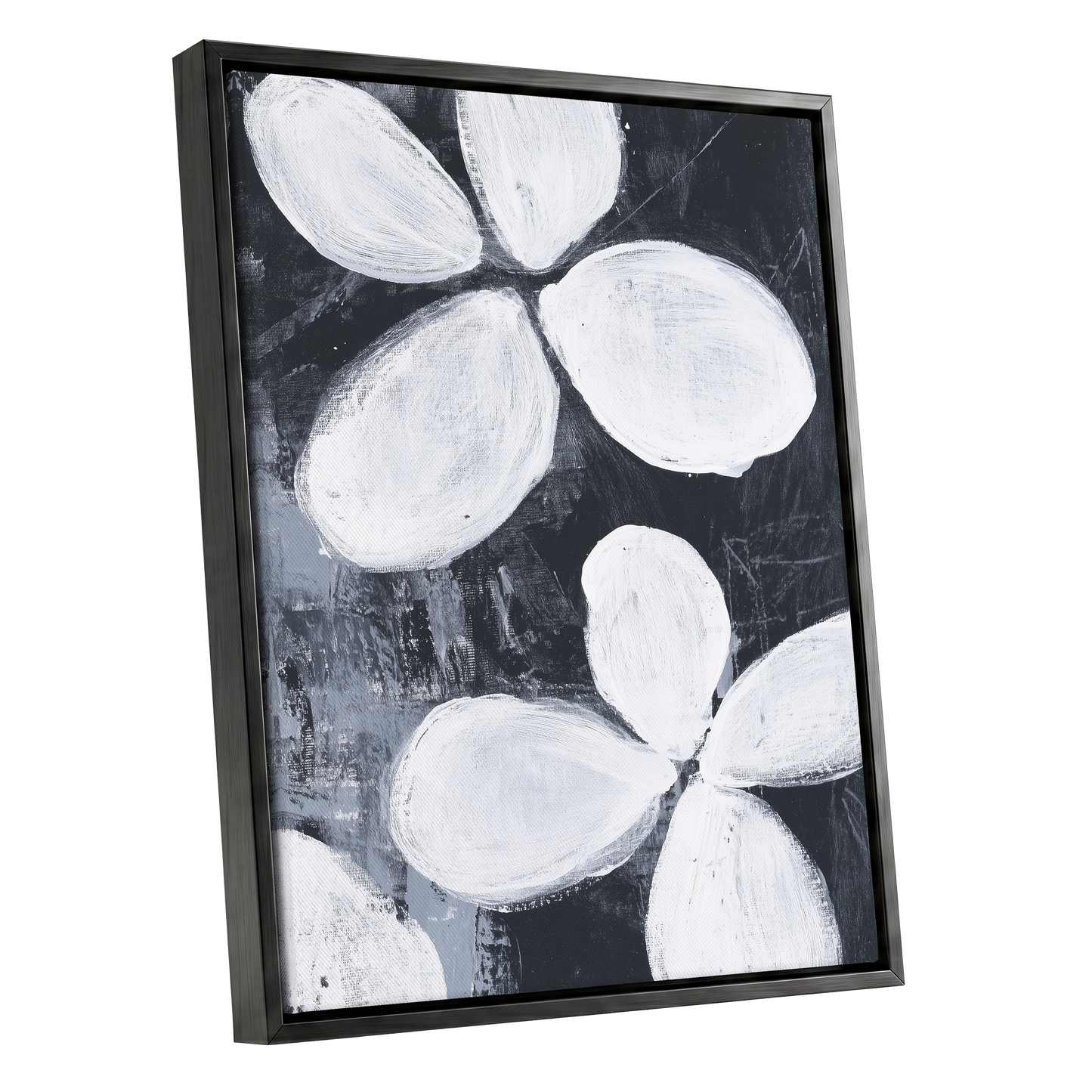 Monochrome Petal Drift, black, white, gray floral wall art shown as a black framed canvas wall art