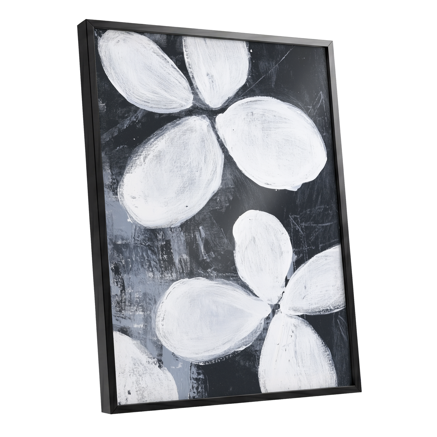 Monochrome Petal Drift, black, white, gray floral wall art shown as a black framed poster wall art print